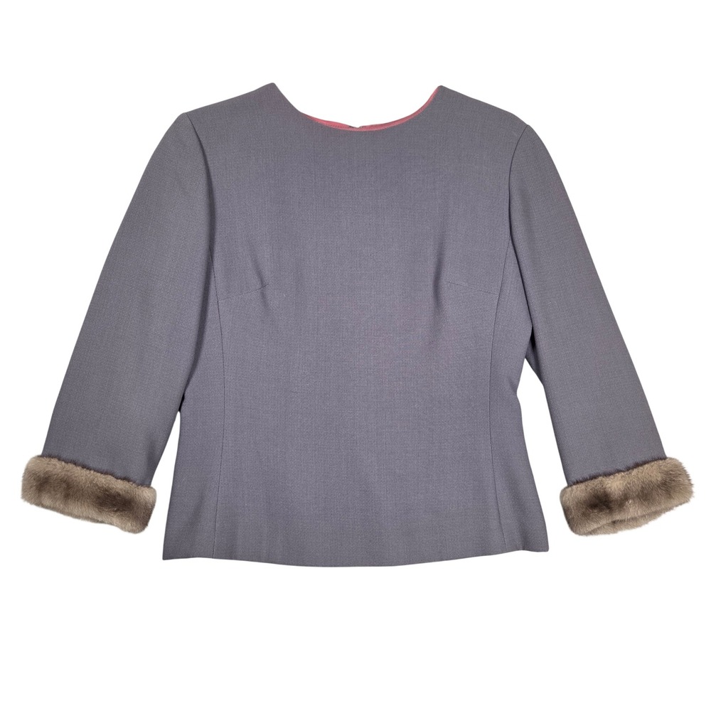 Vintage USA Chetta B Women 8 Blouse Mink Fur Trim 3/4 Sleeve Peplum Purply Gray